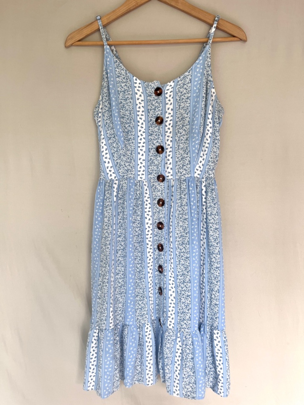 Japna Blue Floral Stripe Midi Dress Smocked Back Button Front